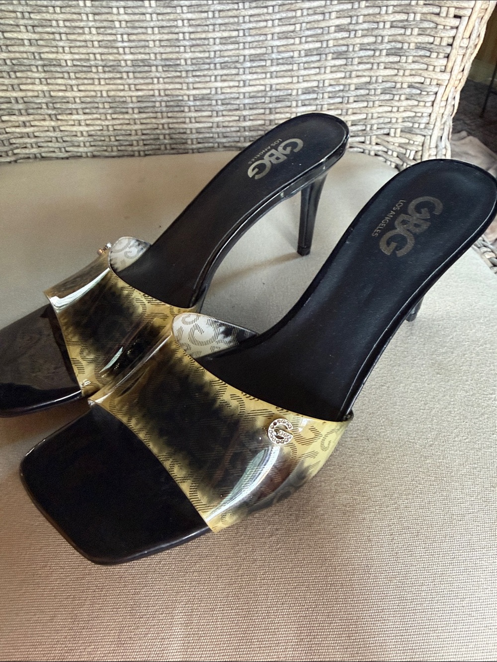 G by Guess Animal Print Translucent Strap Heeled Mules- square toe